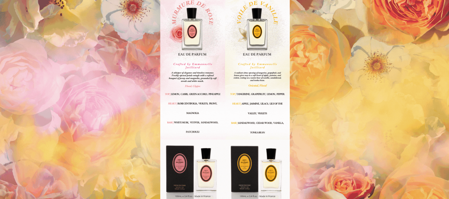 Fleurs de Minuit perfume collection featuring floral scents by Arts et Matières